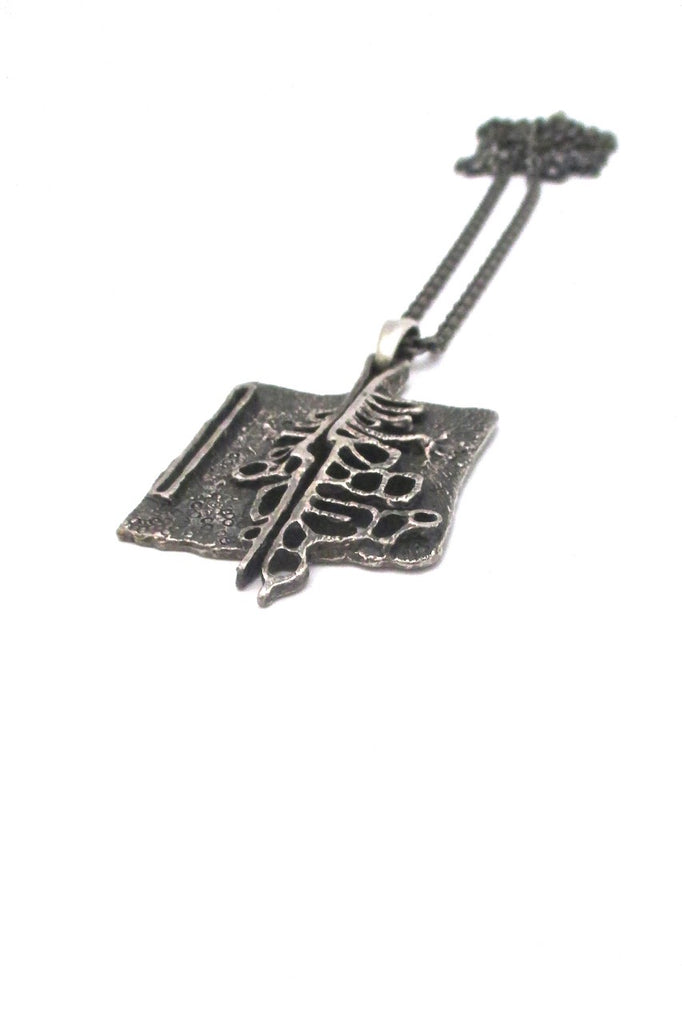 Guy Vidal Canada vintage brutalist pewter large openwork pendant necklace
