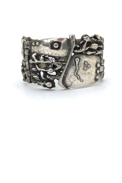 Guy Vidal Canada vintage brutalist pewter hinged panel link bracelet Fertility pattern Canadian design art sculpture