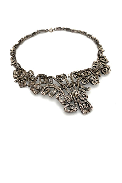 Guy Vidal Canada vintage brutalist pewter squared spirals bib necklace Canadian design jewelry