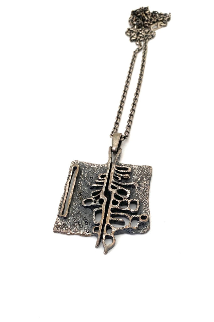 Guy Vidal Canada vintage brutalist pierced pewter pendant necklace Canadian Modernist jewelry design