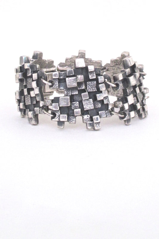Guy Vidal Canada vintage brutalist pewter textured cubes panel link bracelet 1960s 1970s