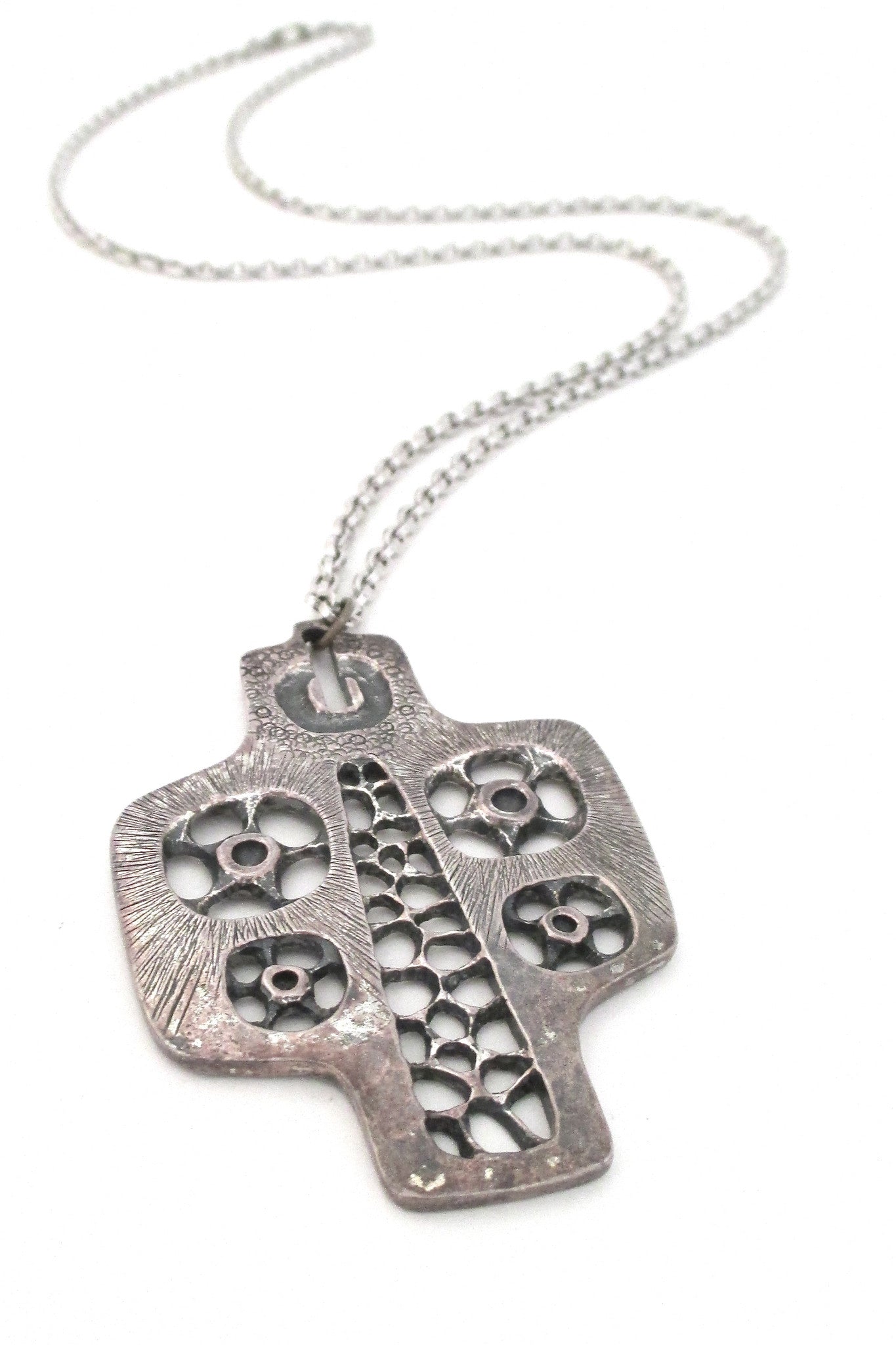 Guy Vidal Canada vintage brutalist pewter pinwheels pendant necklace