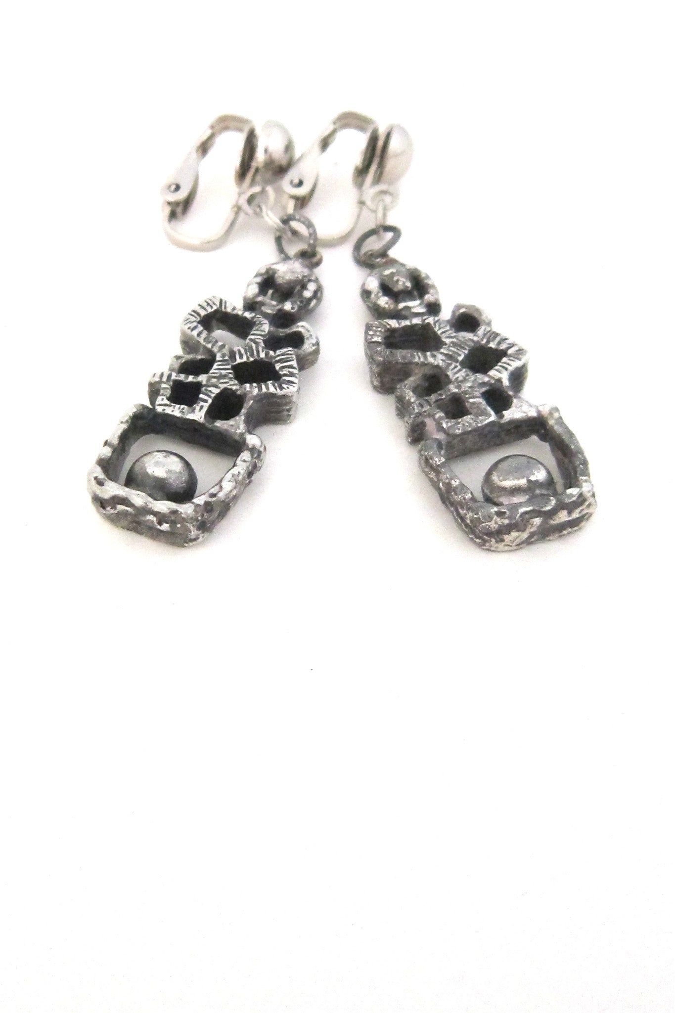 Guy Vidal Canada brutalist pewter ball on a ledge drop earrings