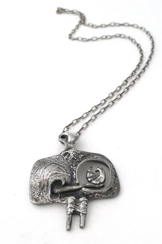Guy Vidal Canada vintage brutalist pewter woman and bird pendant necklace