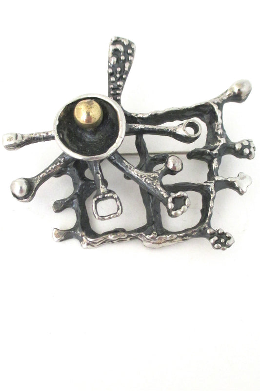 Guy Vidal Canada vintage brutalist pewter brass sphere sculptural layered brooch