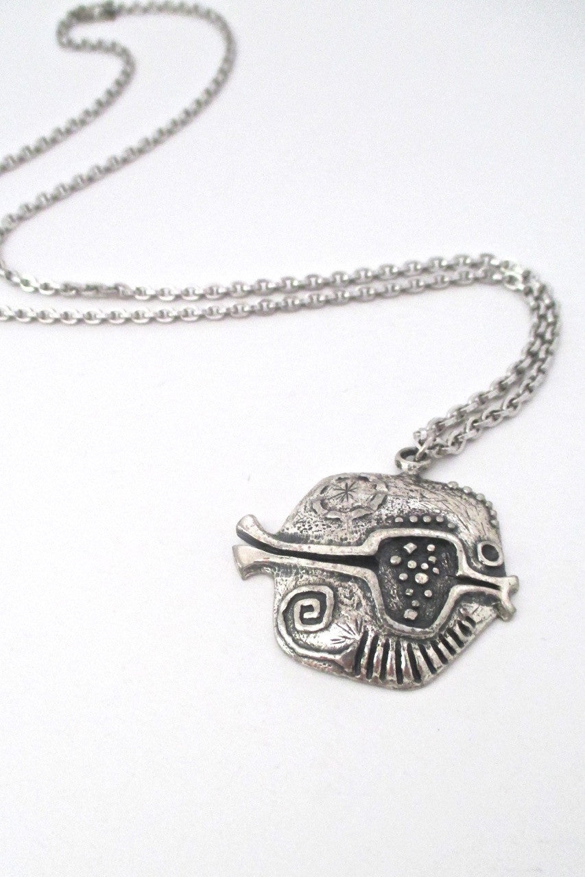 Guy Vidal Canada vintage brutalist pewter pierced fish pendant necklace