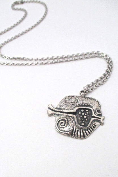 Guy Vidal Canada vintage brutalist pewter pierced fish pendant necklace