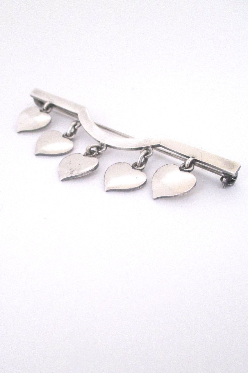 detail Hans Hansen Denmark large vintage silver rare hearts brooch