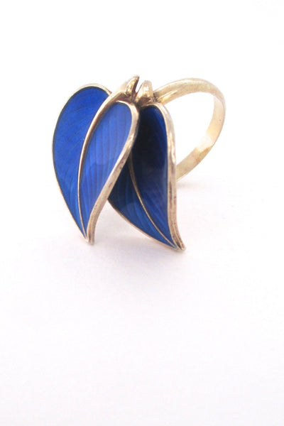 Hans Myhre Norway vintage rare enamel ring with double leaf motif