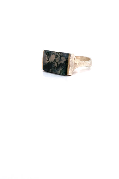 Henning Ulrichsen Denmark vintage sterling silver moss agate ring Scandinavian Modernist jewelry design