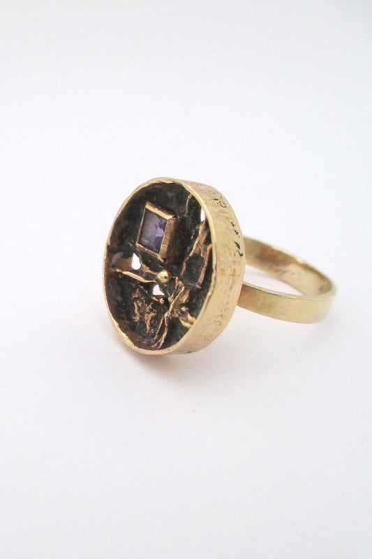 profile Hermann Siersbol Denmark vintage 14k gold & amethyst brutalist ring 1970s