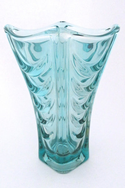 Hermanova Sklo Union Czechoslovakia large aqua blue glass drapery vase by Vaclav Hanus