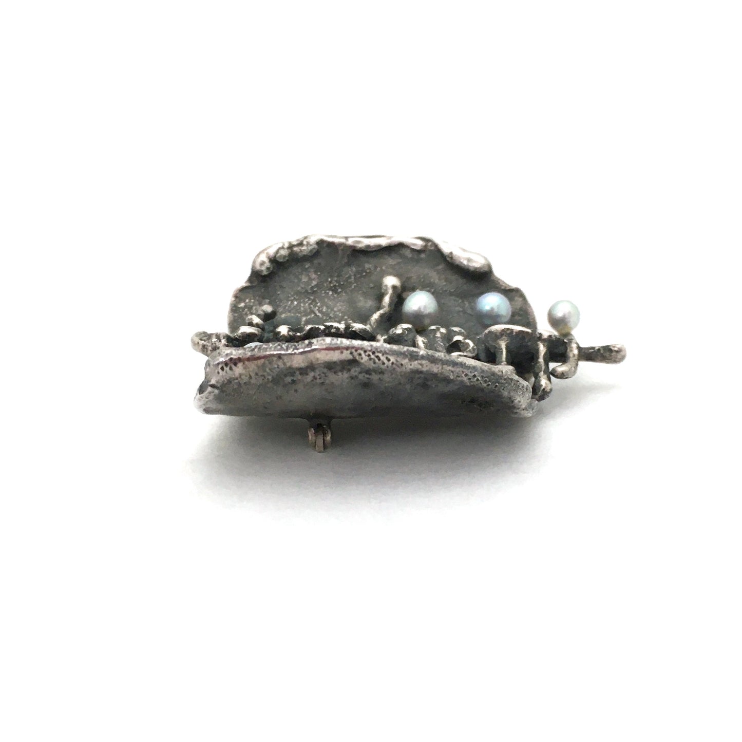 profile large vintage brutalist reticulated silver pearls brooch mid century jewelry design