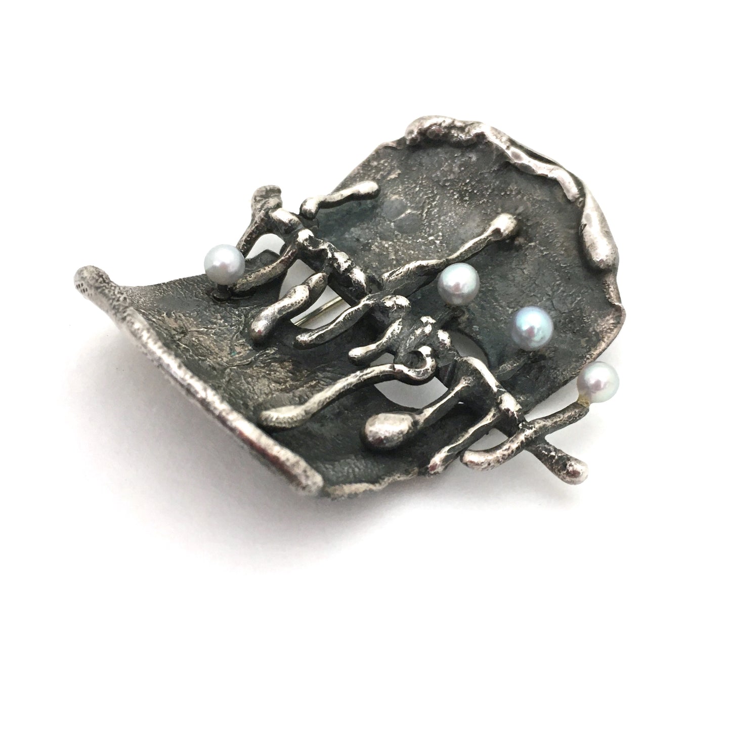 large brutalist reticulated silver & pearls brooch ~ hand wrought