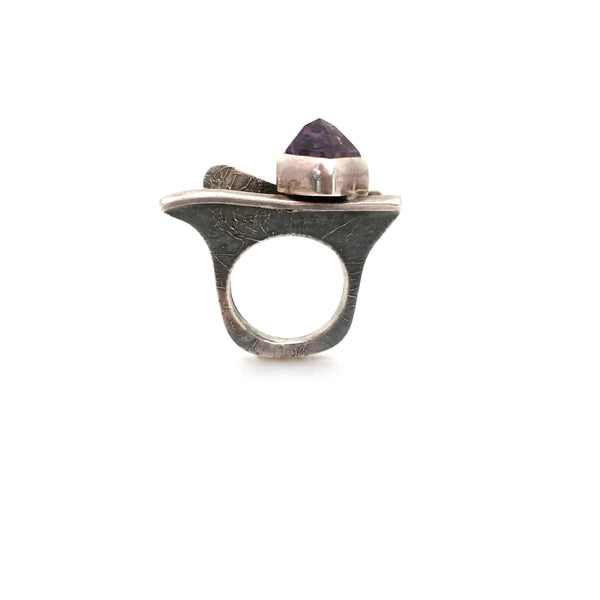 profile vintage large textured silver amethyst ring great facet to the stone studio made