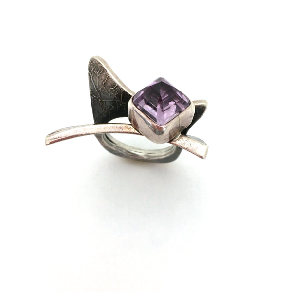 detail stone vintage large textured silver amethyst ring great facet to the stone studio made