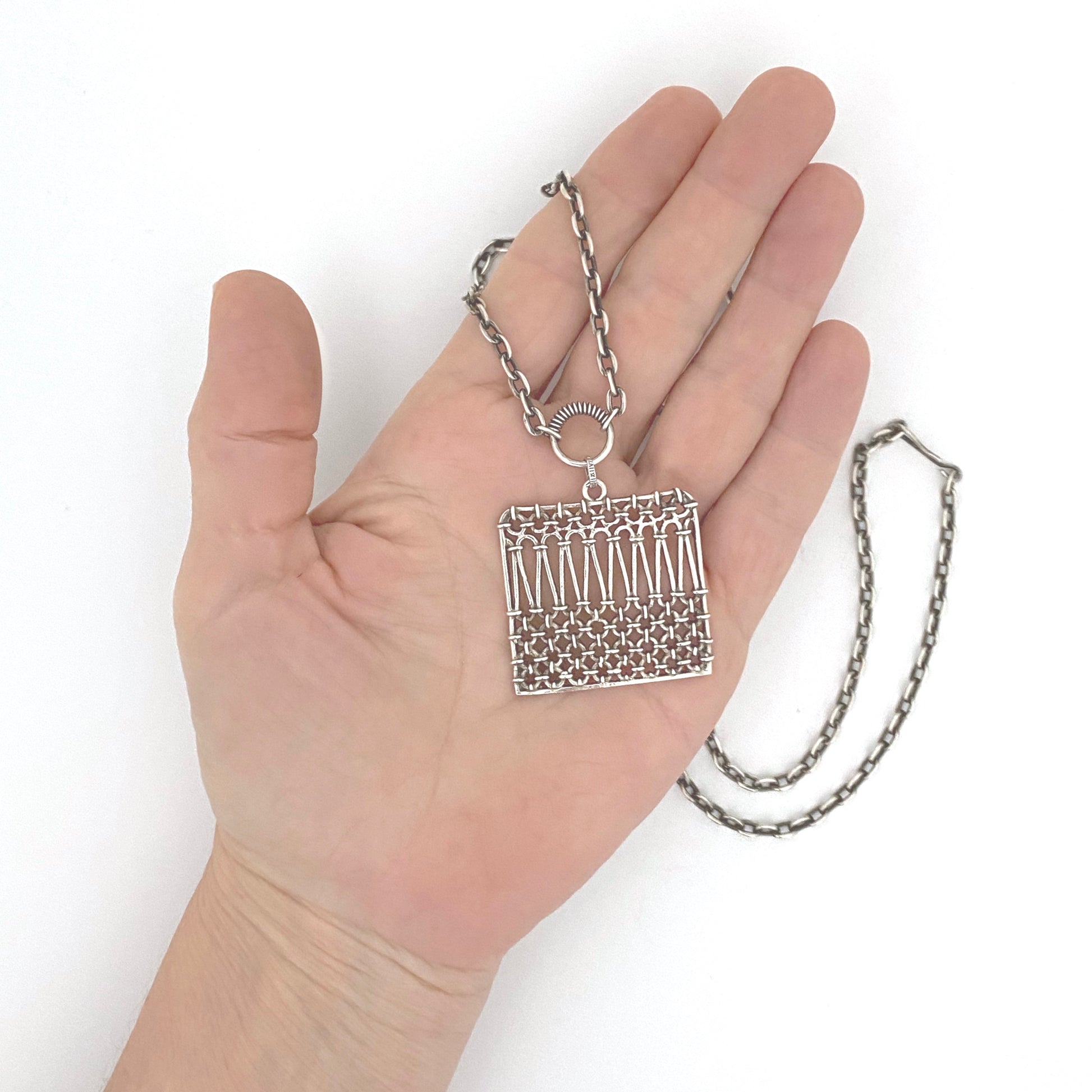 scale Pentti Sarpaneva Finland vintage silver openwork square pendant necklace 1974 Scandinavian Modernist jewelry design