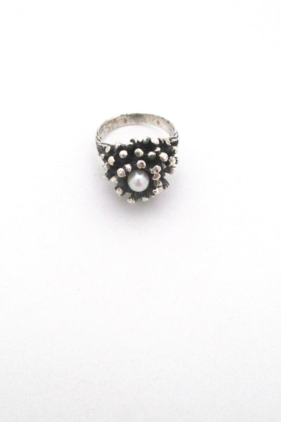 detail Robert Larin Canada vintage brutalist sterling silver and pearl cluster ring