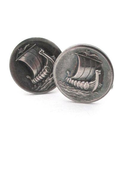 front face Georg Jensen Denmark vintage sterling silver viking ship cufflinks 50 by Harald Nielsen