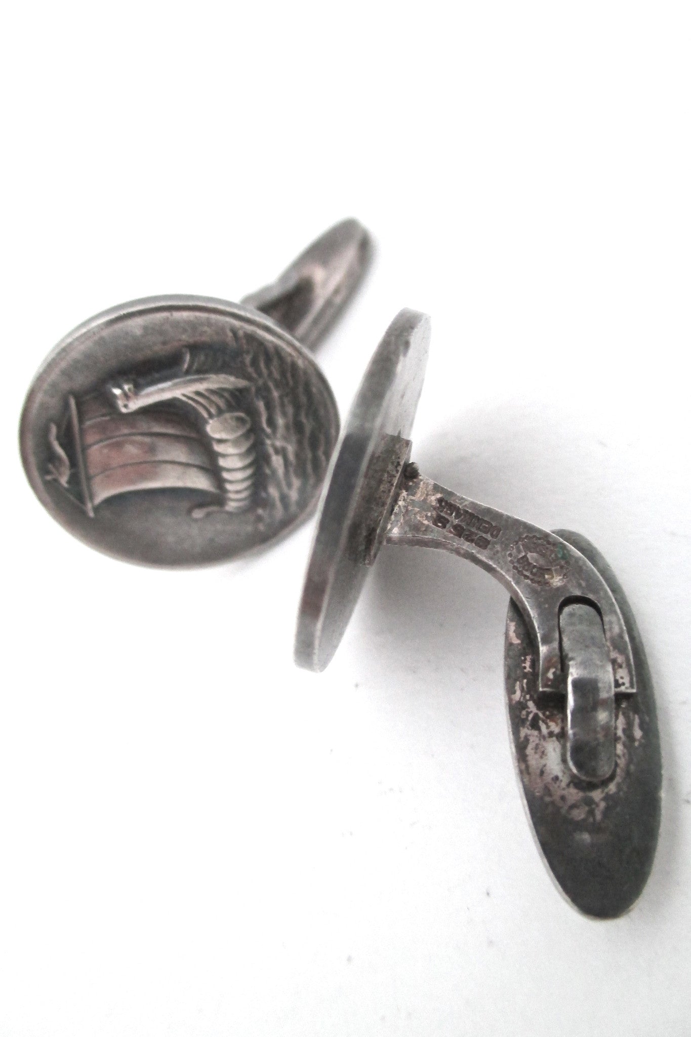 detail and marks Georg Jensen Denmark vintage sterling silver viking ship cufflinks 50 by Harald Nielsen