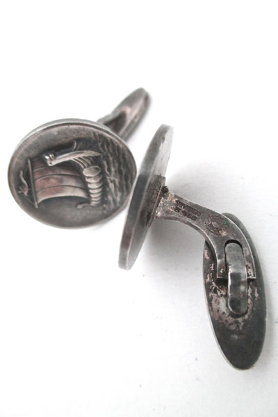 detail and marks Georg Jensen Denmark vintage sterling silver viking ship cufflinks 50 by Harald Nielsen