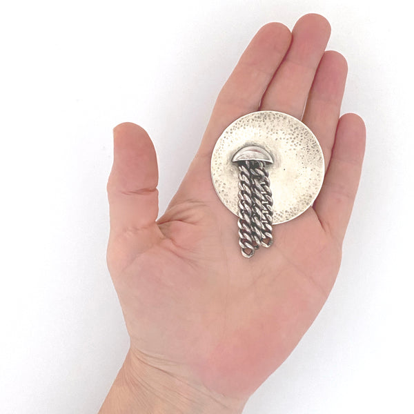 scale vintage heavy silver textured kinetic brooch studio made signed Bert Le Modernist jewelry design