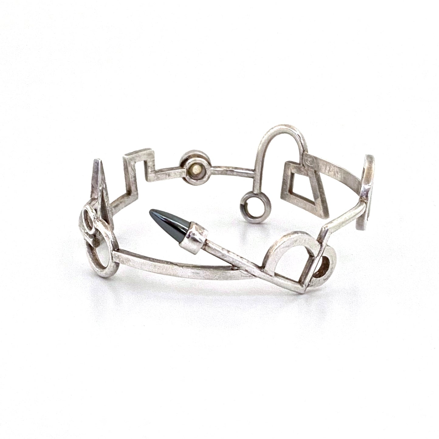 postmodern silver bangle bracelet with moonstone & hematite ~ 1991