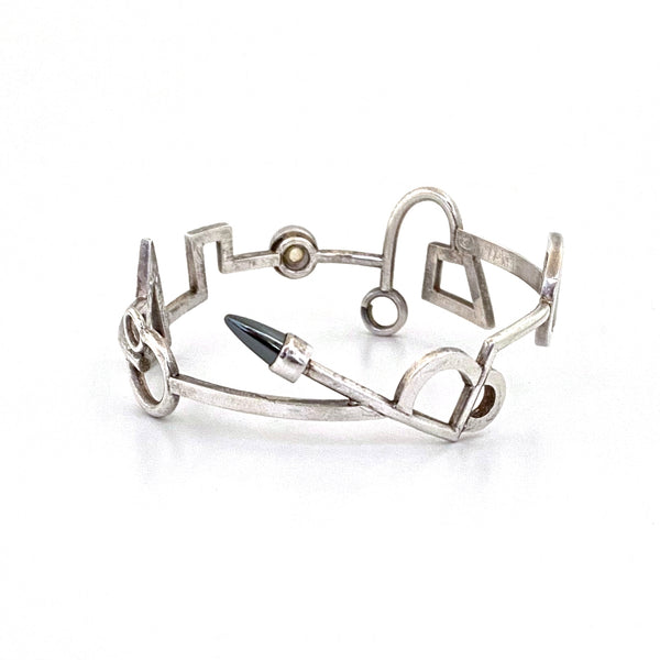postmodern silver bangle bracelet with moonstone & hematite ~ 1991