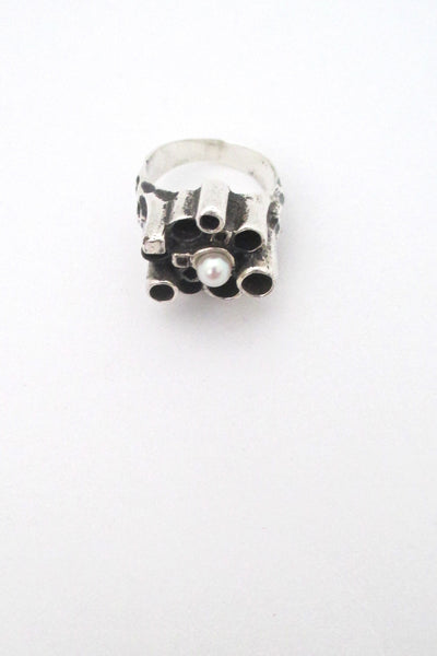 detail Robert Larin textured sterling & pearl sculptural ring