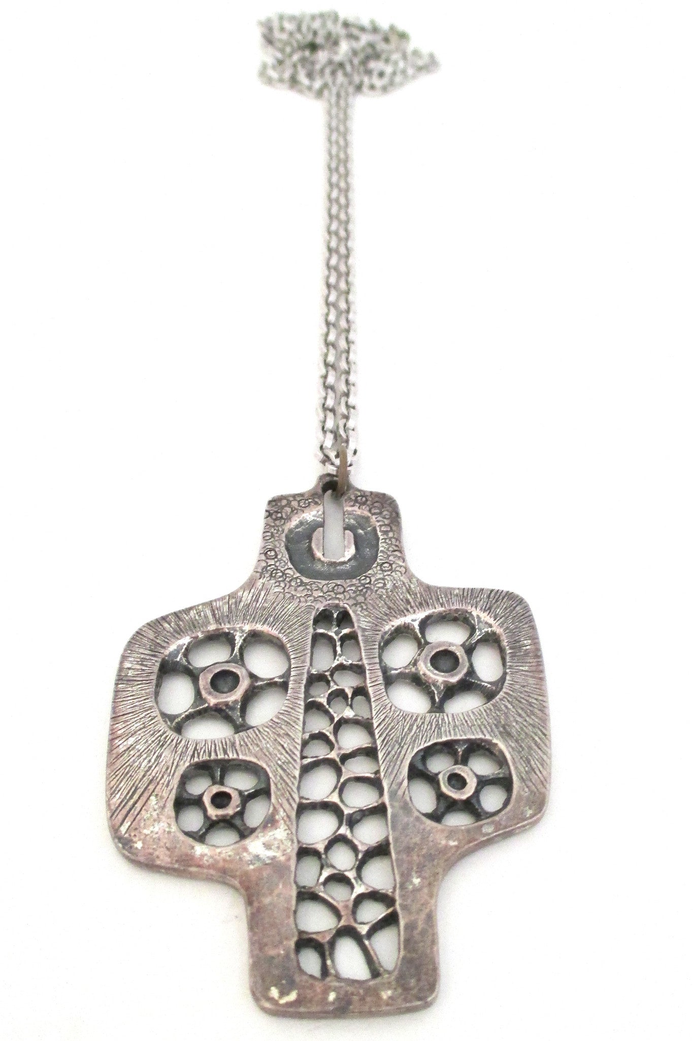 Guy Vidal Canada vintage brutalist pewter pinwheels pendant necklace