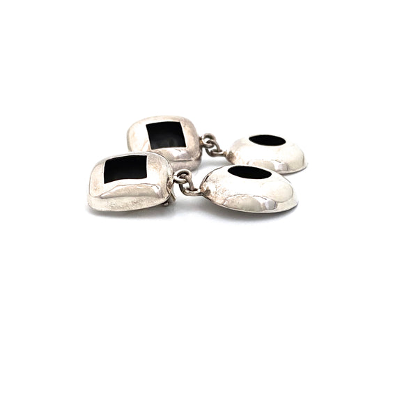 profile vintage Mexico silver double shadowbox drop earrings Modernist jewelry design