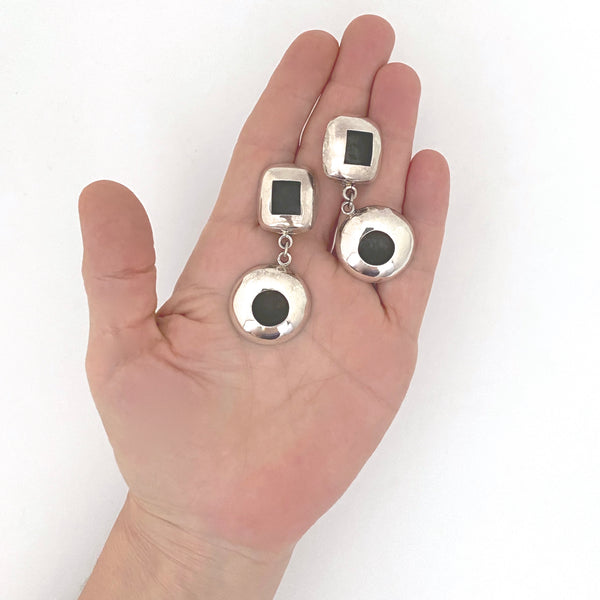 scale vintage Mexico silver double shadowbox drop earrings Modernist jewelry design