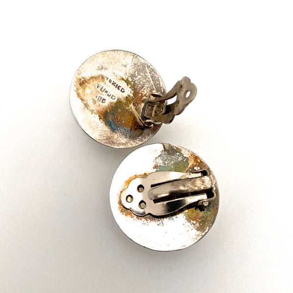 vintage silver medium round dome ear clips ~ Mexico