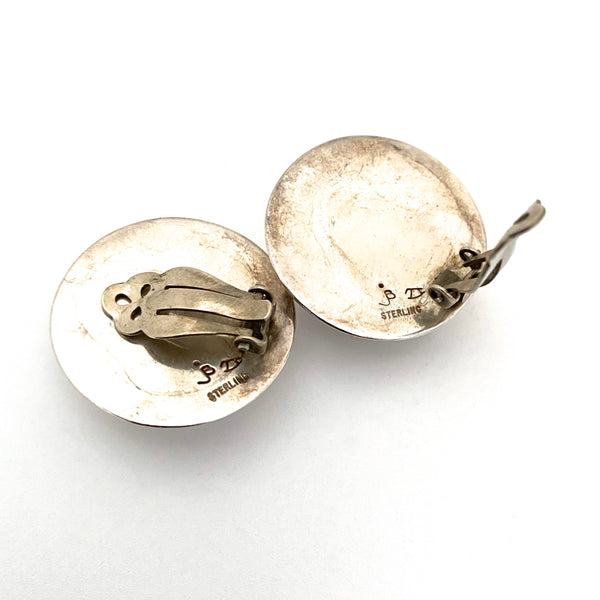 vintage silver large round dome ear clips ~ signed