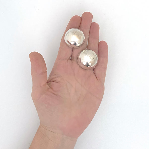 scale vintage silver signed large round dome earrings Modernist jewelry design