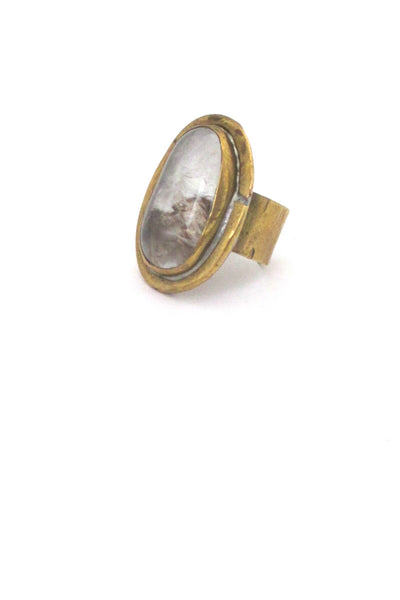 detail Rafael Alfandary Canada large vintage brutalist brass charcoal swirl glass oval ring