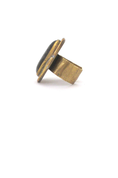 profile Rafael Alfandary Canada large vintage brutalist brass charcoal swirl glass oval ring