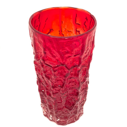 detail Whitefriars England large 9 inch ruby red bark vase Geoffrey Baxter mid century design
