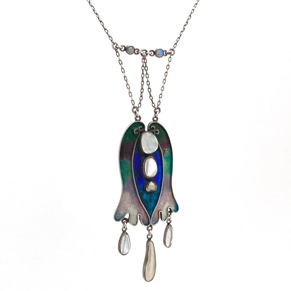 detail vintage Arts and Crafts silver enamel moonstone baroque pearl opal necklace ca 1920s