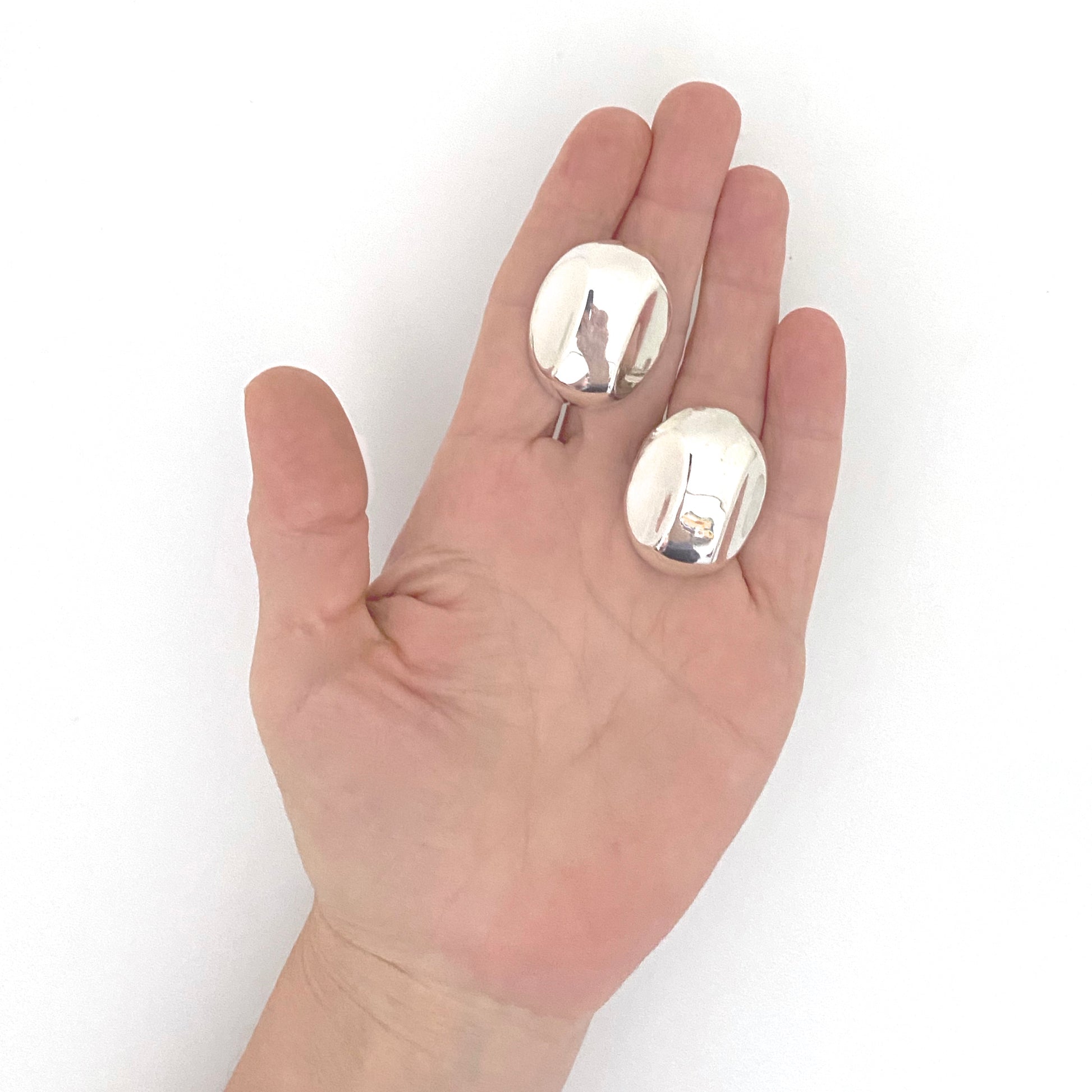 scale vintage Mexico silver large shaped oval dome earrings clips Modernist jewelry design