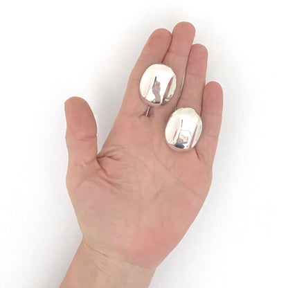scale vintage Mexico silver large shaped oval dome earrings clips Modernist jewelry design