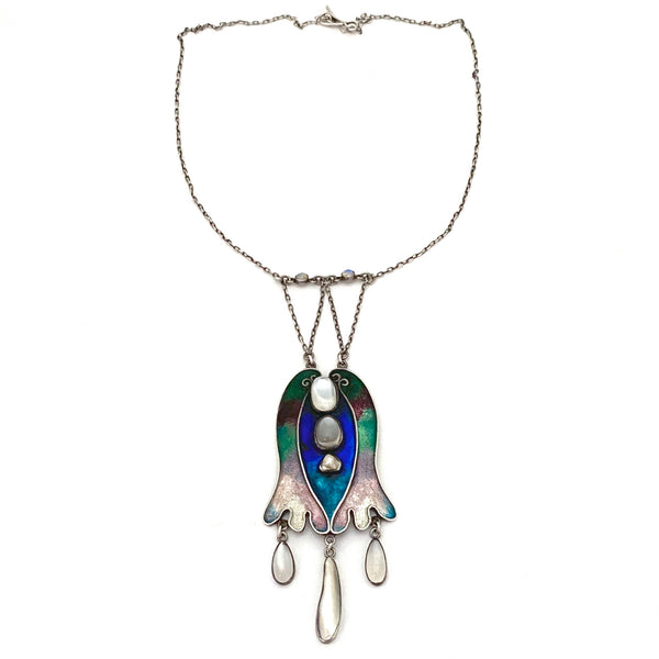 Arts & Crafts silver, enamel, moonstone, baroque pearl and opal necklace