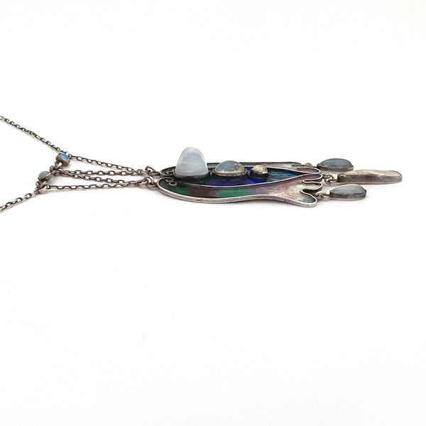 profile vintage Arts and Crafts silver enamel moonstone baroque pearl opal necklace ca 1920s