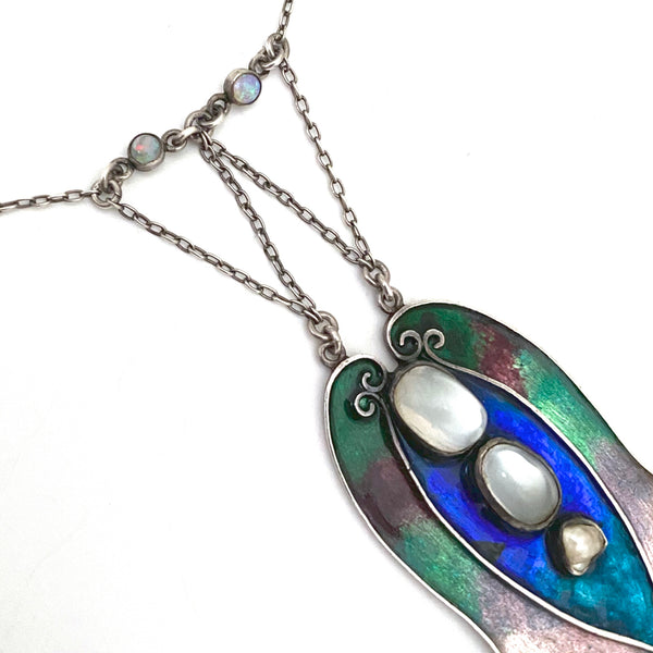 Arts & Crafts silver, enamel, moonstone, baroque pearl and opal necklace