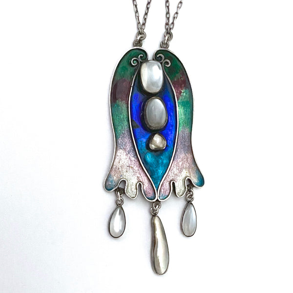 Arts & Crafts silver, enamel, moonstone, baroque pearl and opal necklace