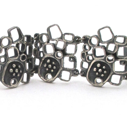 detail Guy Vidal Canada vintage brutalist pewter openwork panel link bracelet shadowbox motif Canadian Modernist jewelry design
