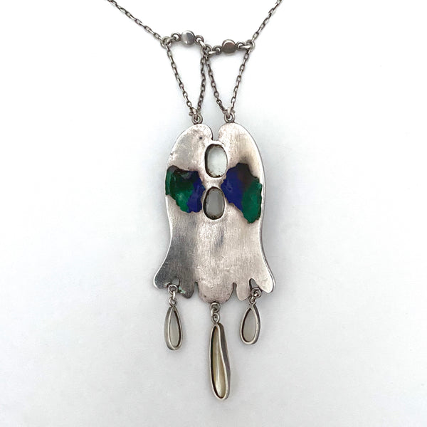 Arts & Crafts silver, enamel, moonstone, baroque pearl and opal necklace