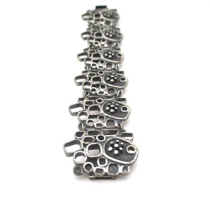 Guy Vidal brutalist openwork pewter panel link bracelet ~ shadowbox motif