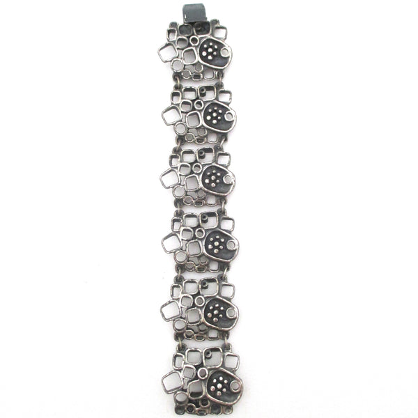 Guy Vidal brutalist openwork pewter panel link bracelet ~ shadowbox motif