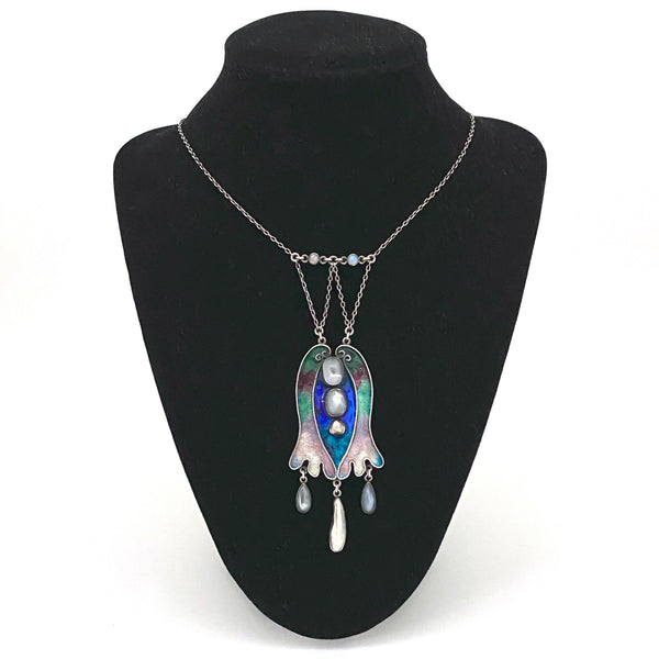 Arts & Crafts silver, enamel, moonstone, baroque pearl and opal necklace